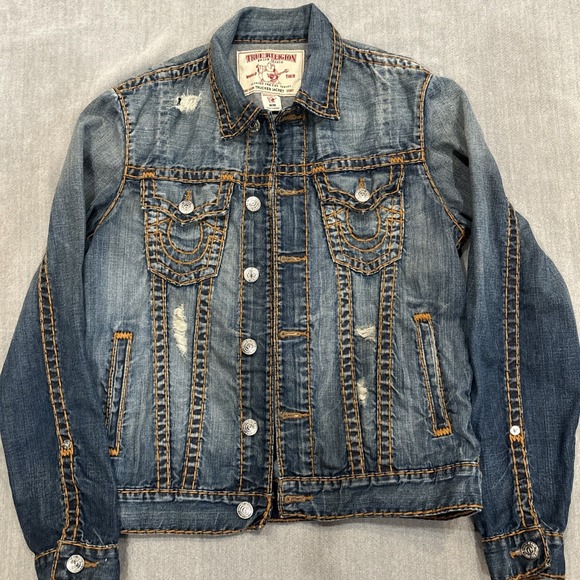 True Religion Other - True Religion Blue Denim Trucker Jacket Size M Thick Stitching Res Super T VTG